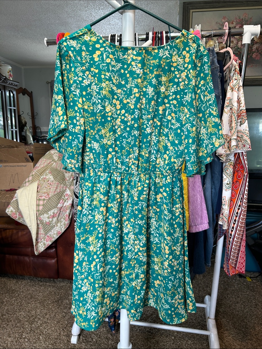 bailey blue Teal Floral V-Neck Midi Dress with Flutter Sleeves Size L - Picture 2 of 4